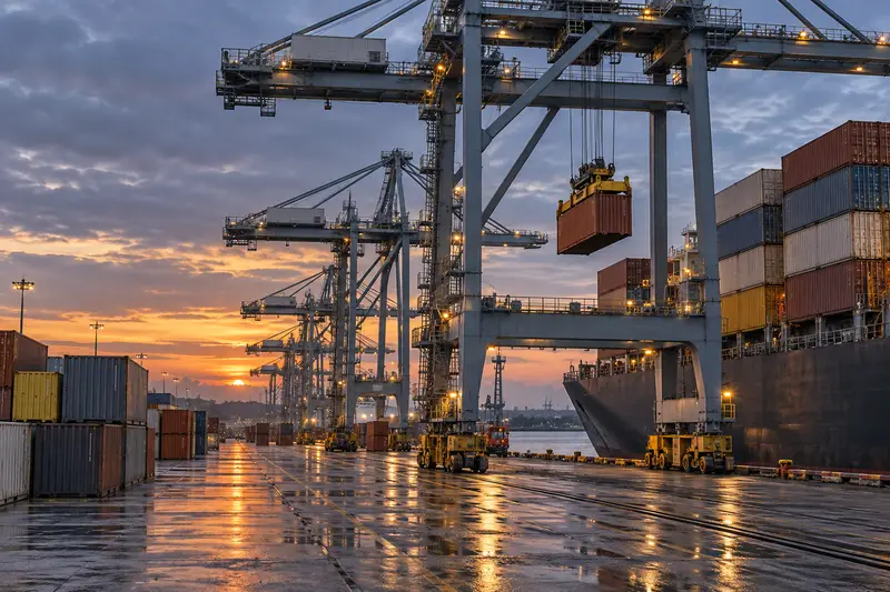 Ship-to-shore cranes at a container terminal at dusk