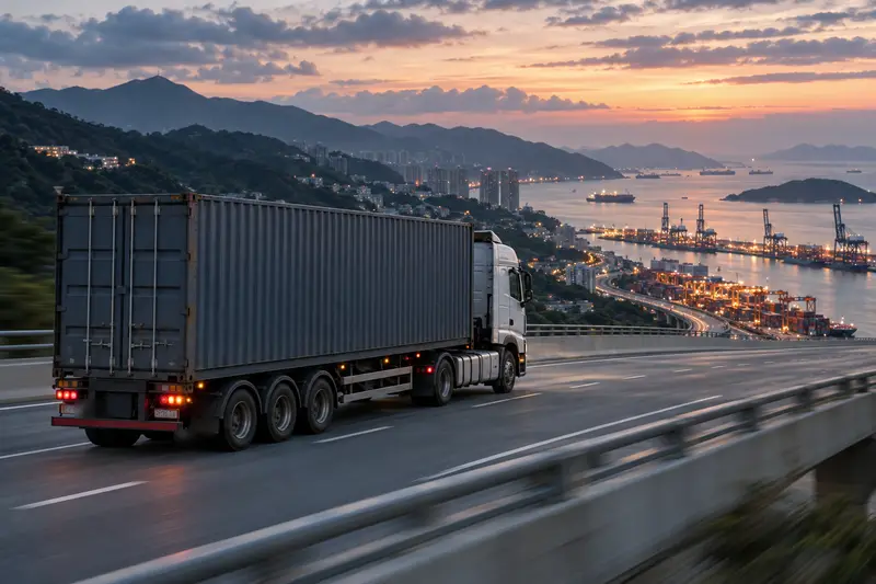 Container truck on a coastal highway at dusk